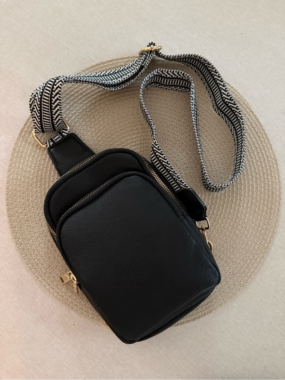 Black Crossbody Sling Bag with Patterned Strap